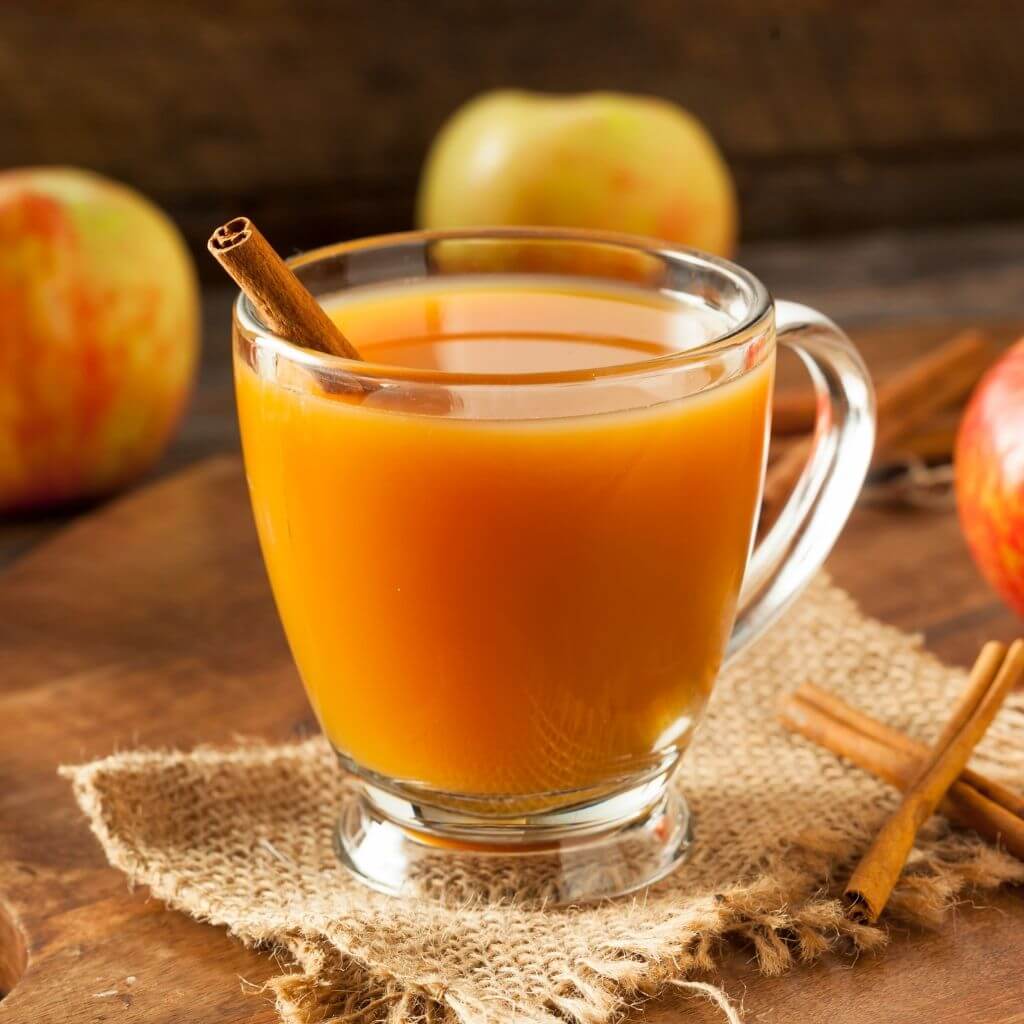 Mug of Honey and Ginger Infused Hot Apple Cider, garnished with a cinnamon stick and apple slice.