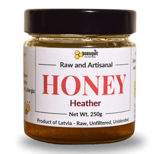 100% Raw Heather Honey 250g jar – Pure, unfiltered honey from Latvian heather fields | heather-honey-250g
