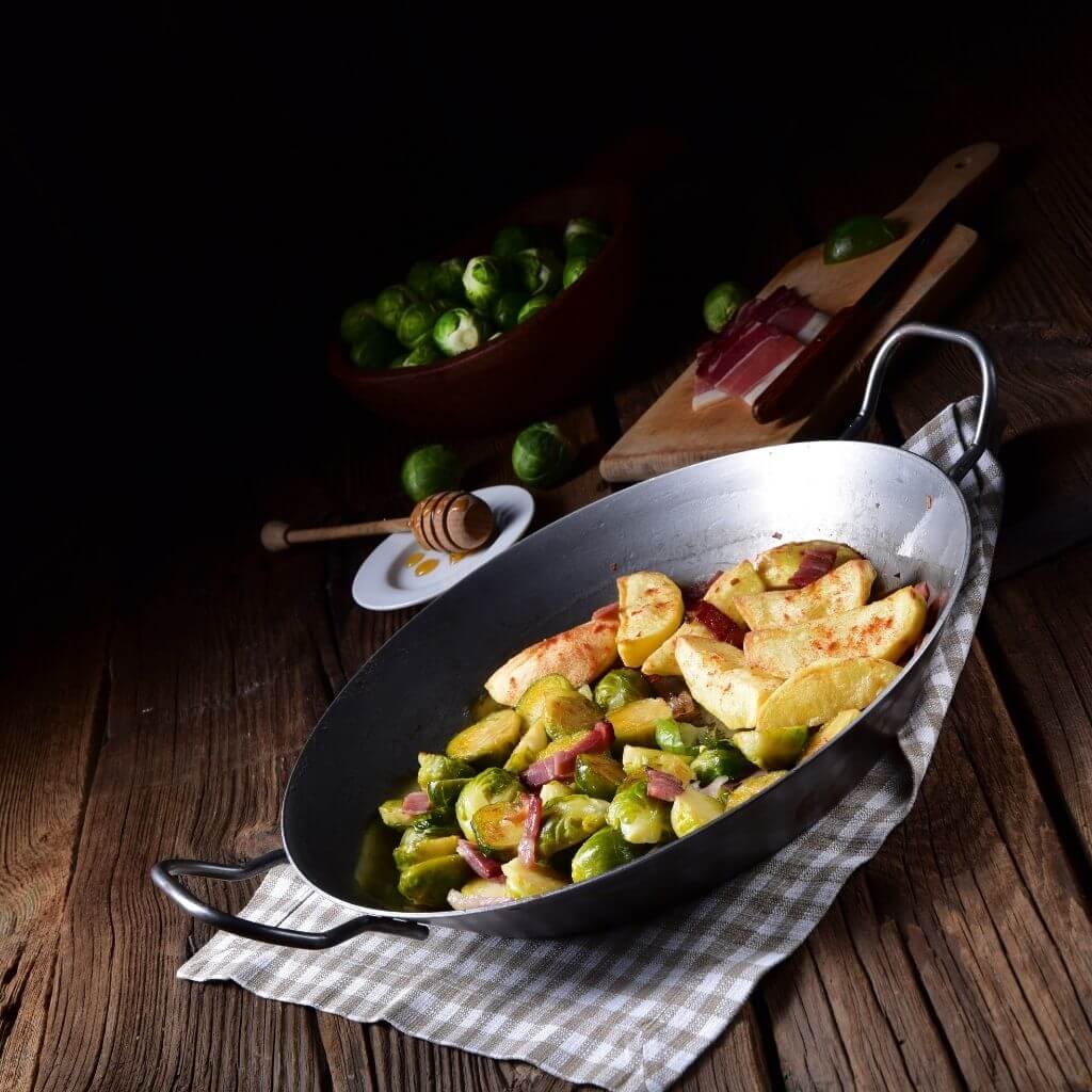 Honey-Roasted Brussels Sprouts, perfectly roasted sprouts with a honey drizzle, accented with a touch of balsamic.